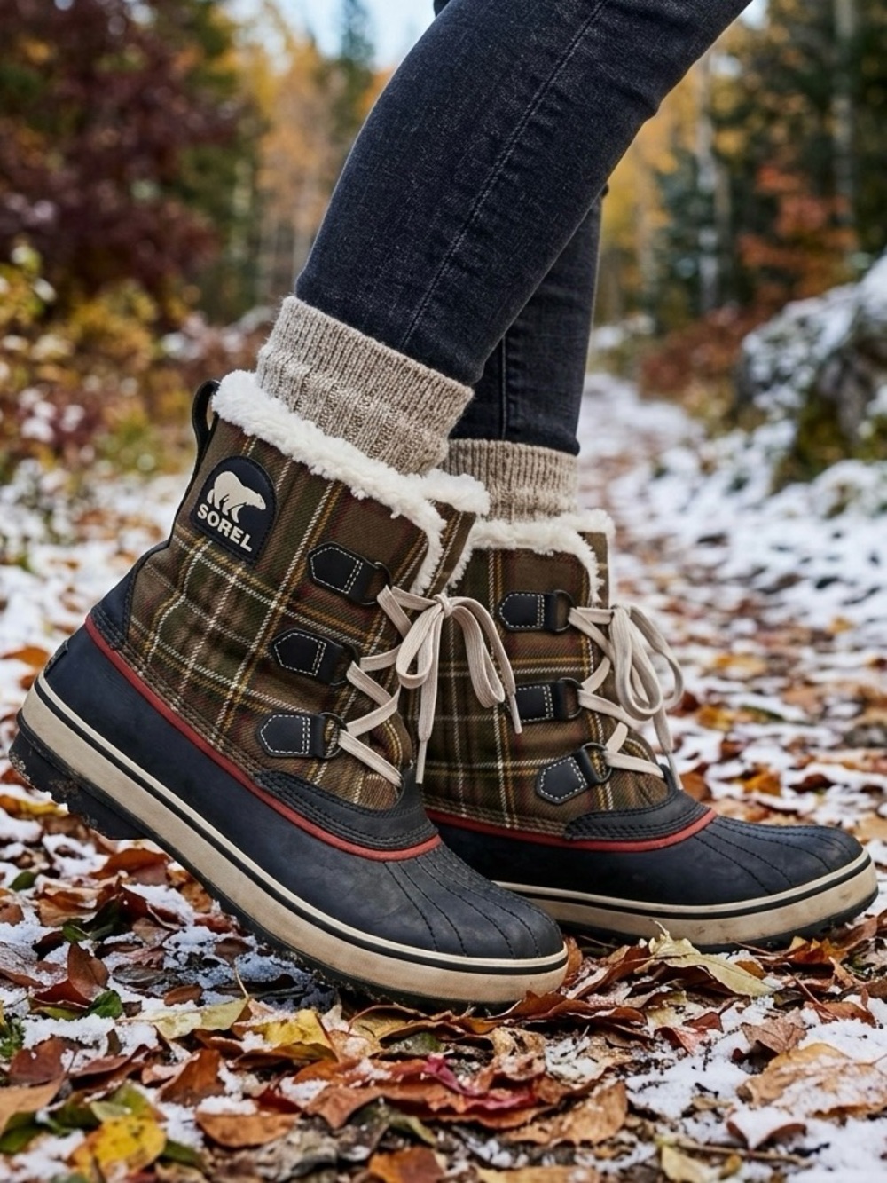 SOREL Plaid Faux Fur Waterproof Winter Duck Boots Women’s Size 9 Brown